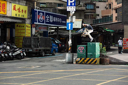 Ryan Sheckler does a flip foot plant over the electronic box while filming YOU GOOD? in Taiwan on April 12, 2019