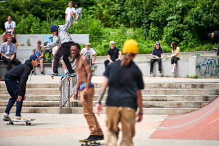 Torey Pudwill performs a frontside boardslide at a demo in Philadelphia, PA on June 21st, 2019.