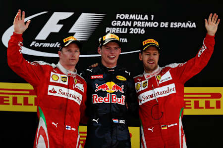 Kimi Raikkonen, Max Verstappen i Sebastian Vettel - podium GP Hiszpanii F1 2016