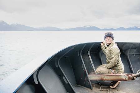 Skier Angel Collinson on the water in Alaska