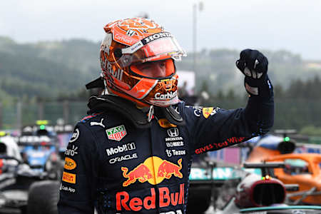Pole position qualifier Max Verstappen of Red Bull Racing celebrates in parc ferme during qualifying ahead of the F1 Grand Prix of Belgium on August 28, 2021, in Spa, Belgium.