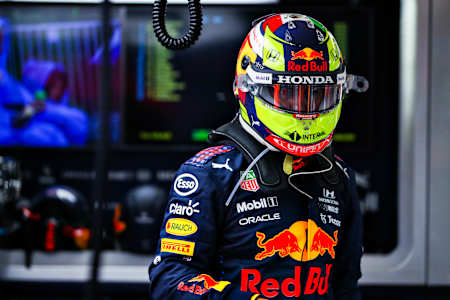 Sergio Perez of Mexico and Red Bull Racing prepares to drive in the garage prior to the F1 Grand Prix of Belgium at Circuit de Spa-Francorchamps on August 29, 2021 in Spa, Belgium.