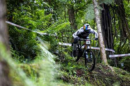 Brook MacDonald performs during DH training at Crankworx in Rotorua, NZ on November 10, 2022