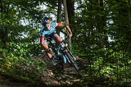 Emily Batty rides the trails in Uxbridge, Canada on July 13, 2015.  