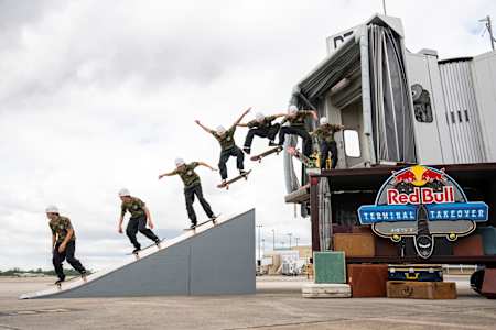 Devin Flynn does a kickflip at Red Bull Terminal Takeover