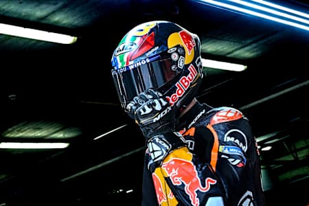 Picture shows MotoGP rider Brad Binder with helmet and suit at the MotoGP test in Portimao in March 2023. 