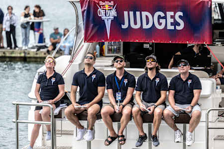 The Judges (L-R) Anke Piper, Olivier Morneau-Ricard, Simon Latimer, Cyrille Oumedjkane and Jeff Arbon at the 2023 Red Bull Cliff Diving World Series in Auckland, New Zealand on January 27, 2024.