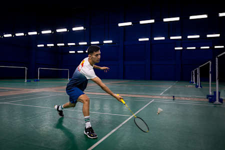 Lakshya Sen during a badminton training session on a court