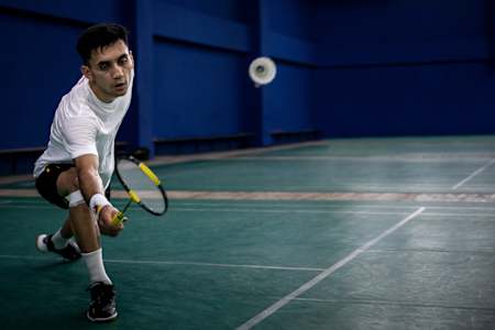 Lakshya Sen during a badminton training session on a court