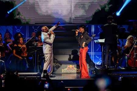 Asake and Wizkid performing at Red Bull Symphonic