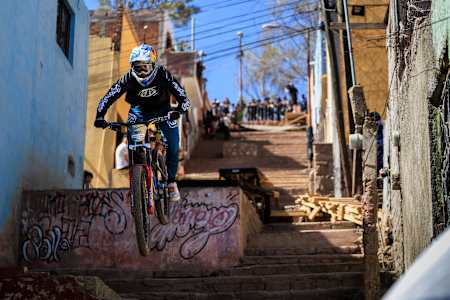 Pedro Burns rides the vibrant staircases of Guanajuato, Mexico, during practice for the Red Bull Guanajuato Cerro Abajo event, set to thrill in 2024