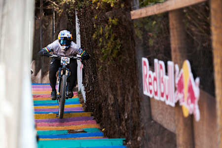 Tomáš Slavík handles the vibrant downhill challenge at the Red Bull Valparaiso Cerro Abajo, Chile, on March 2, 2025, showcasing his expert biking skills