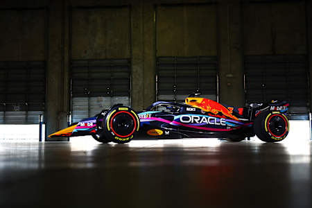 The 2023 'Make Your Mark' Miami livery for the Oracle Red Bull Racing RB19 is showcased with stunning visuals during its reveal event at Miami, highlighting the team's bold flair