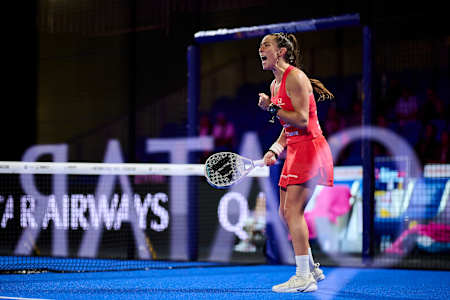 Marta Ortega Gallego celebrates her quarter-final victory at the Motorola Razr Miami Premier Padel P1 in Miami, 2025