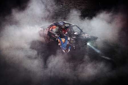Magesh Junior performs an adrenaline-fuelled stunt at Red Bull Shayimoto, surrounded by tyre smoke at Suncoast in Durban, South Africa, during the 2025 event