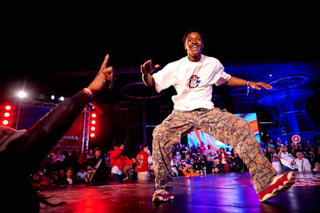 Aimsley delivers an electrifying performance at the Red Bull Dance Your Style National Final 2025 in Century City, Cape Town, showcasing bold street dance moves to a packed crowd