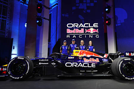 Oracle Red Bull Racing presents their 2026 Formula One car at Michigan Central Station in Detroit, Michigan, during the season launch event, featuring the iconic Red Bull livery