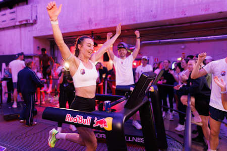 Winner Fanny Ahlfors celebrates victory on the treadmill at Red Bull 24 Hours in Stockholm, Sweden, 2026 as energetic crowds cheer on this endurance challenge