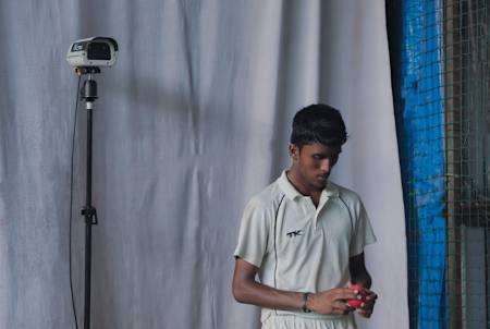A PitchVision camera overlooks a bowler as a prepares to bowl