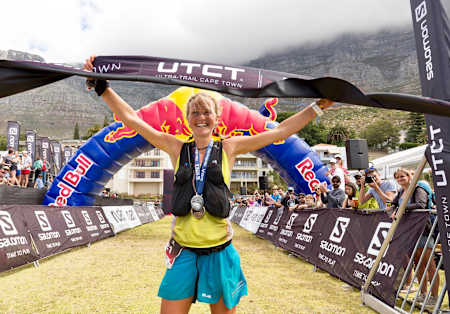 Ultrarunner Lucy Bartholomew celebrates a win at Ultra-Trail Cape Town.