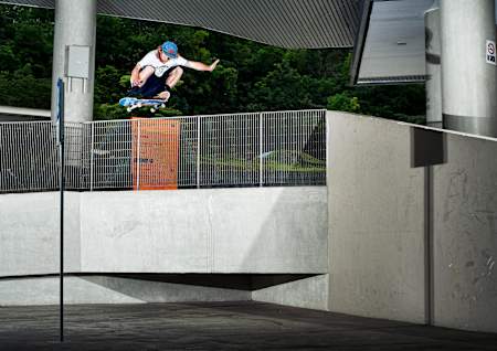 Barney Page ollies the railing to flat