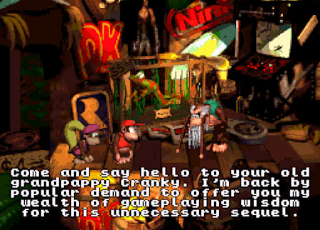 Un screenshot de Cranky Kong dans Donkey Kong Country sur Super Nintendo.