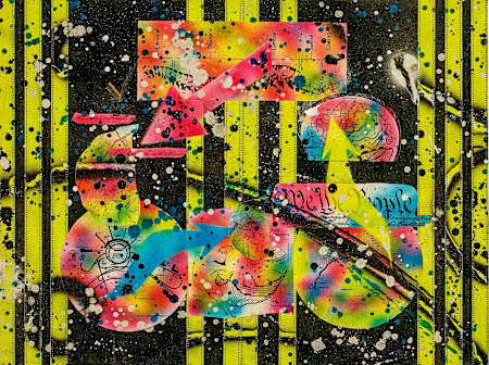 “Knotted Minds” (1989) is executed in spray paint, film strips and paper collage.