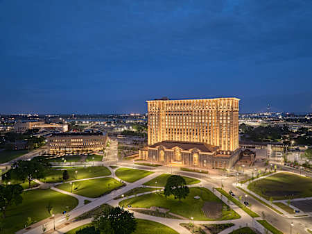 Michigan Train Station illuminating Detroit