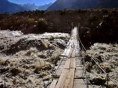 The path to basecamp crosses glacial rivers.