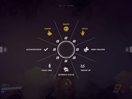 A screenshot of the Overwatch video game's comms wheel, used by players to communicate with team-mates