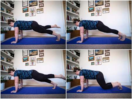 Stretch one leg towards the wall behind you.