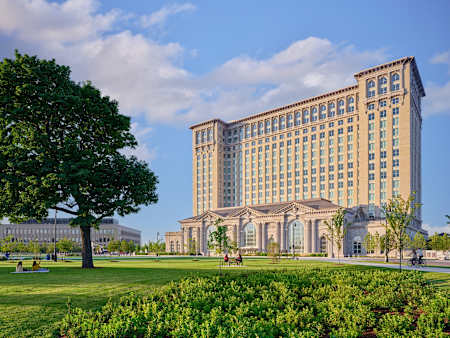The view of Michigan Central Station from Roosevelt Park