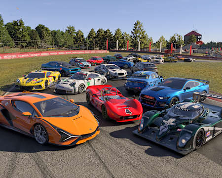 Artwork zu Forza Motorsport zeigt verschiedene Fahrzeuge geparkt in einer Kurve bei blauem Himmel.