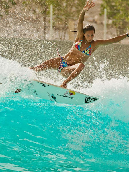 Australian surfer Sally Fitzgibbons surfing at the Wadi Adventure Wave Pool in Dubai.