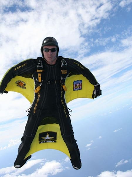Stuntman Gary Connery sets a world record for being the first person to skydive and land without a parachute