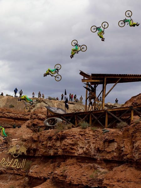 Mountain biker Cam Zink throws a backflip off the Oakley Icon Sender at Red Bull Rampage 2013