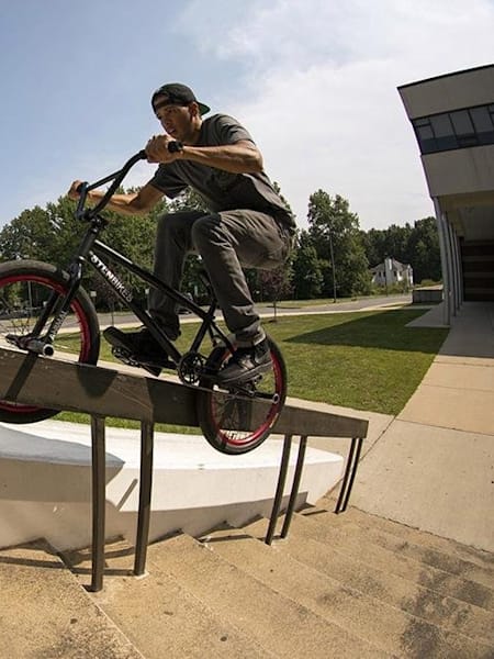 BMX rider Ralphy Ramos does a handrail grind for the 2013 Animal Bikes QSS 6 video