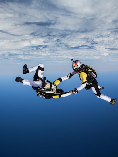 Fred Fugen and Vincent Reffet training in Austria in may 12th for a jump at 33 000 feet (10 km) above the Mont Blanc, France, on May 31st 2014