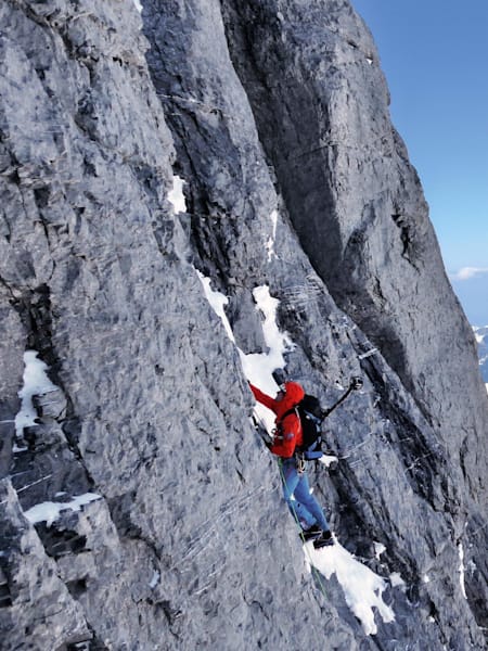 Stephen Siegrist heads up the wall