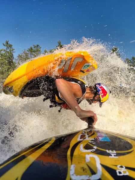 Dane Jackson takes an incredible selfie from the end of his paddle whilst kayaking in whitewater