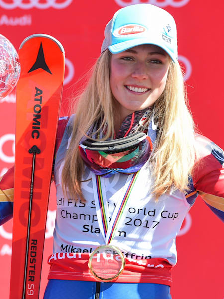 Mikaela Shiffrin celebrating her world cup win in Aspen