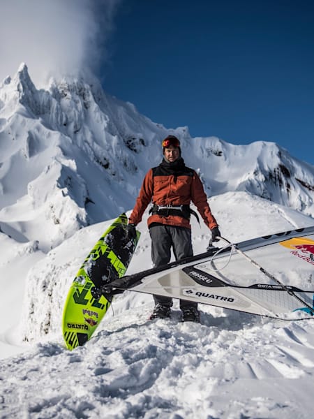 Levi Siver poses for a portrait prior testing his windsurfing powder board at Mount Rishiri in  Hokkaido, Japan on March 11, 2017