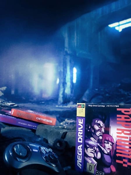 A Sega Mega Drive, some games cartridges and Paprium.