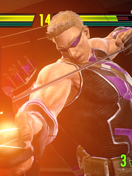 A screenshot of Hawkeye in Marvel vs Capcom Ultimate