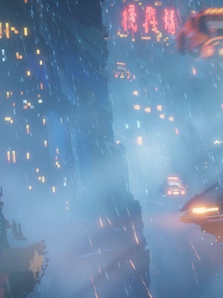 Una captura de pantalla de The Last Night con coches voladores.
