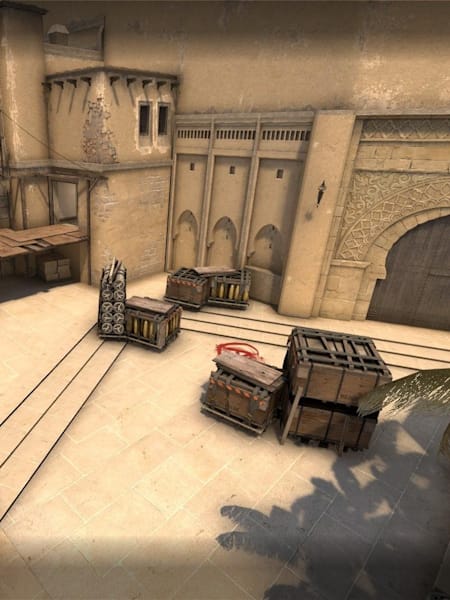 A screenshot of the A site on Mirage, from Counter-Strike: Global Offensive.