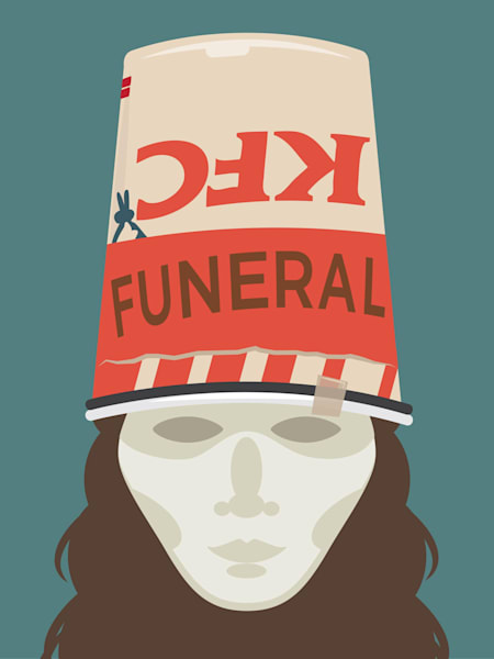 Un dibujo que recuerda a cuando Buckethead, el famoso guitarrista de Guns N' Roses, se puso un recipiente de pollo frito.