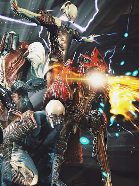 Promotional artwork featuring various characters from Warframe.