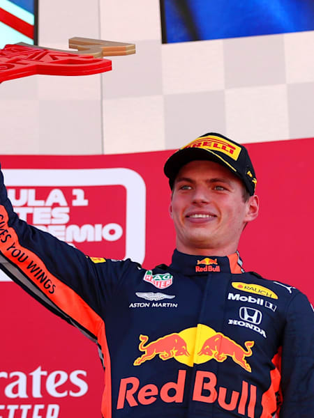 Third-place finisher Max Verstappen of Aston Martin Red Bull Racing celebrates on the podium at the Spanish Grand Prix on May 12, 2019 in Barcelon.