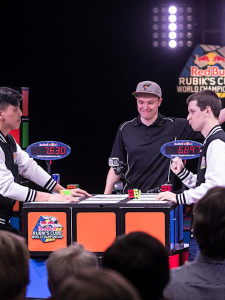 Feliks Zemdegs celebrating at Red Bull Rubik's Cube World Championship at Cyclorama in Boston, MA, USA on 22 September, 2018.